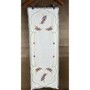 Vintage Embroidered Table Runner, Scalloped Crocheted Lace Edges, Flowers